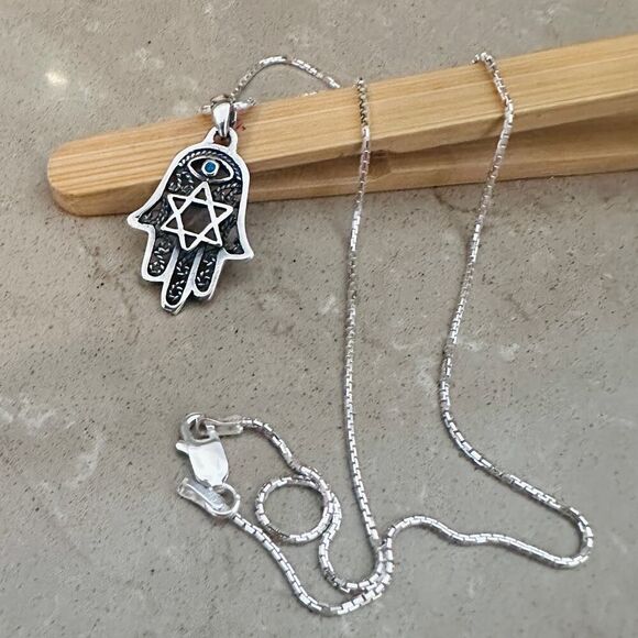 Hamsa ,Star of David , Evil Eye & Turquoise 925 Necklace - Picture 1 of 5